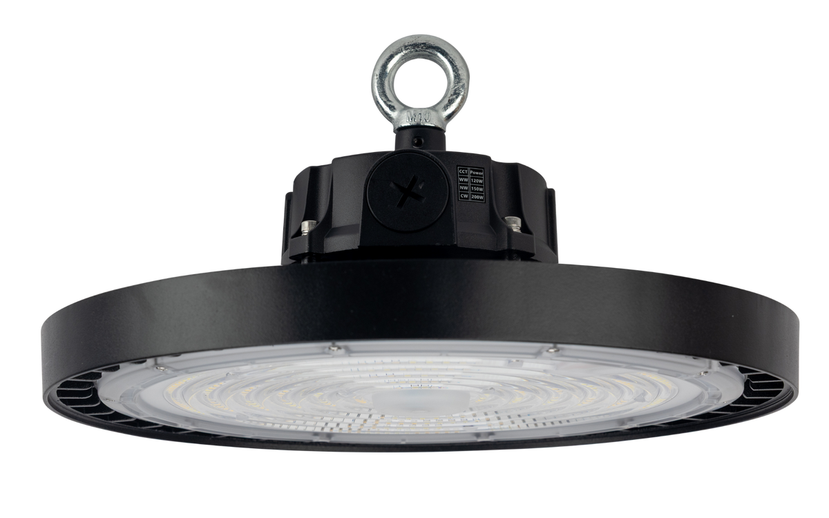 High-Bay Fusion · 120W-150W-200W (instelbaar) · 3CCT 4000K-5000K-5700K · Beam Selectable 70º-90º-110º
