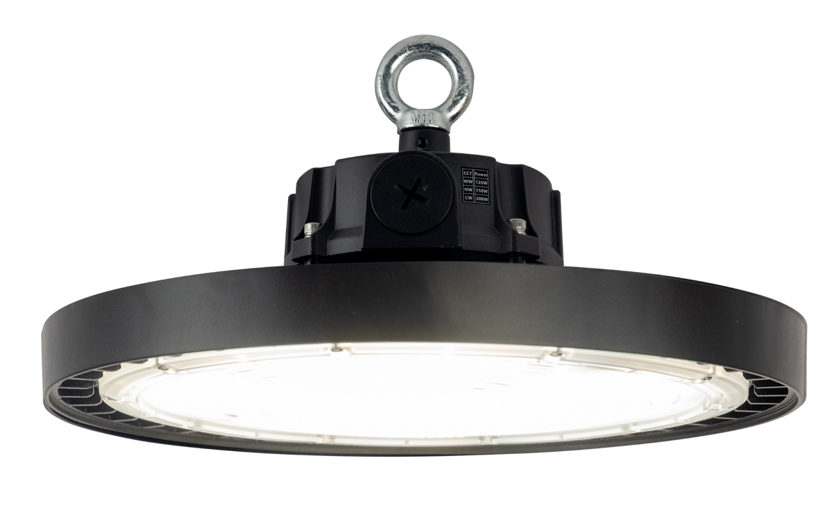 High-Bay Fusion · 120W-150W-200W (instelbaar) · 3CCT 4000K-5000K-5700K · Beam Selectable 70º-90º-110º