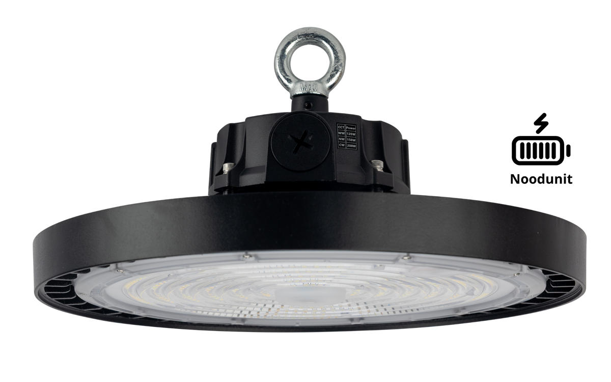High-Bay Fusion · 120W-150W-200W (instelbaar) · 3CCT 4000K-5000K-5700K · Beam Selectable 70º-90º-110º · Nood