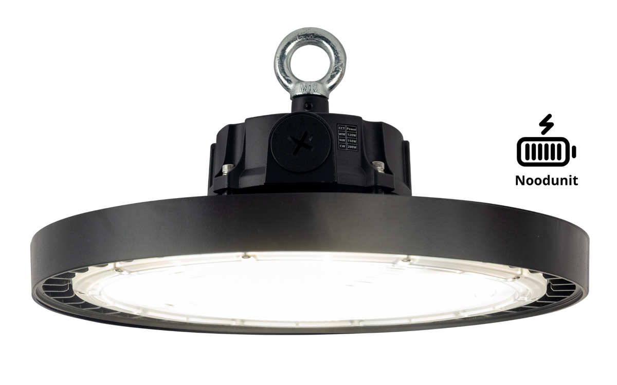 High-Bay Fusion · 120W-150W-200W (instelbaar) · 3CCT 4000K-5000K-5700K · Beam Selectable 70º-90º-110º · Nood
