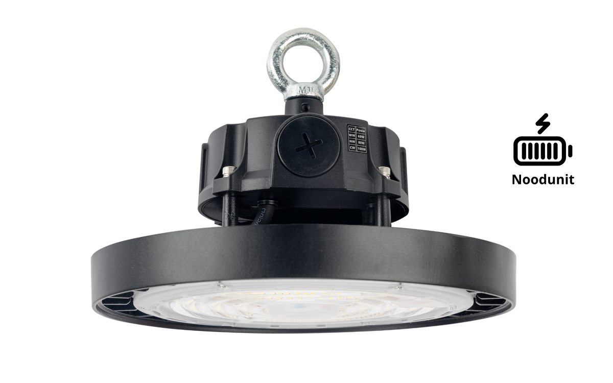 High-Bay Fusion · 60W-80W-100W (instelbaar) · 3CCT 4000K-5000K-5700K · Beam Selectable 70º-90º-110º · Nood