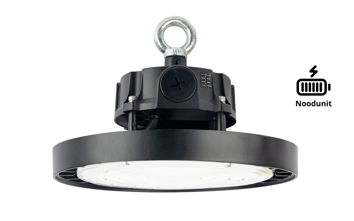 High-Bay Fusion · 60W-80W-100W (instelbaar) · 3CCT 4000K-5000K-5700K · Beam Selectable 70º-90º-110º · Nood