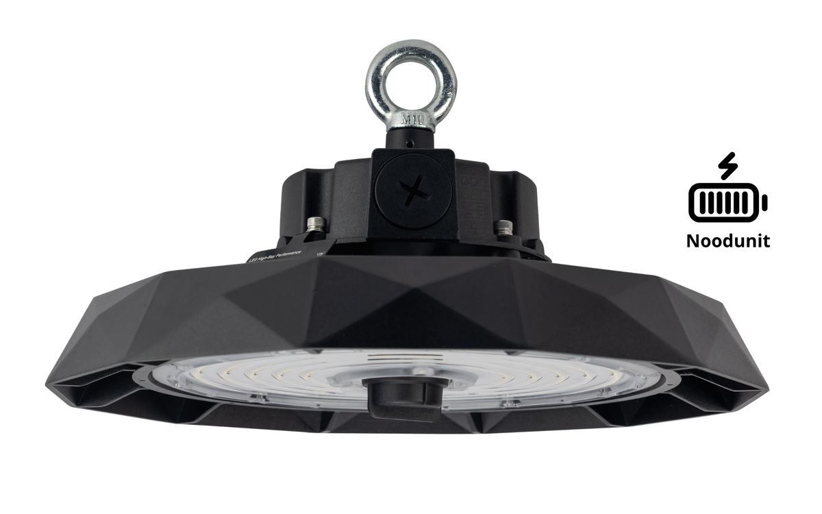 High-Bay Performance · 80W-120W-150W (instelbaar) · 3CCT Switch 4000K-5000K-5700K · 90º · Nood