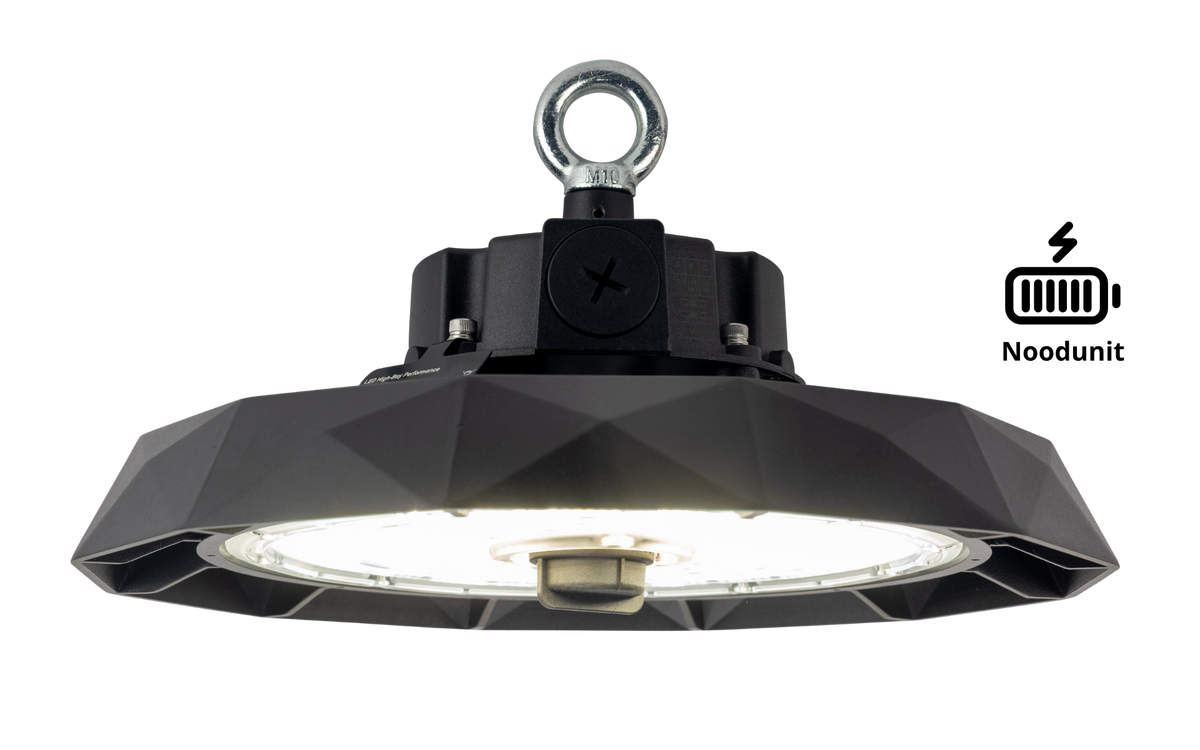 High-Bay Performance · 80W-120W-150W (instelbaar) · 3CCT Switch 4000K-5000K-5700K · 90º · Nood
